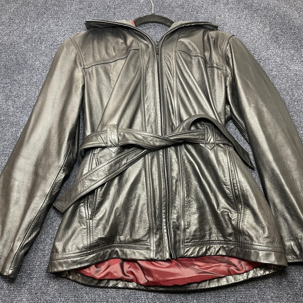 Wilsons Leather Jacket Womens Medium Black Belted Hooded‎ Full Zip Lined Warm